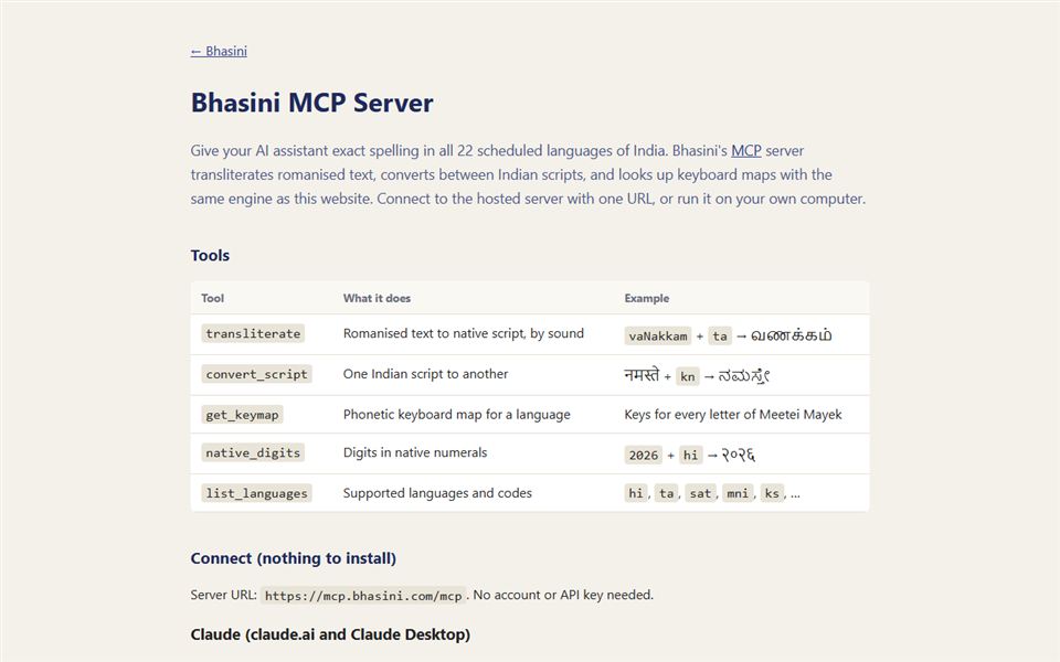 Bhasini MCP Server — connect Claude, ChatGPT, Codex or Cursor at https://mcp.bhasini.com/mcp