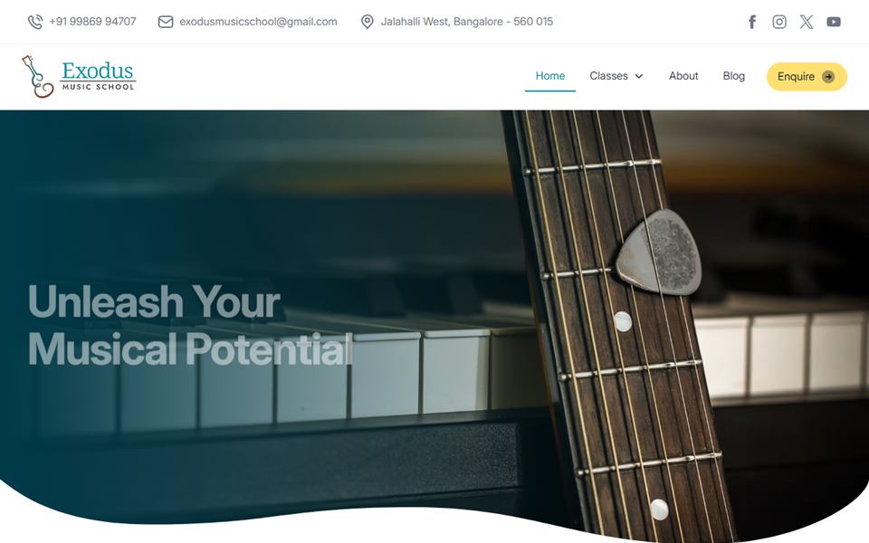 Exodus Music School website designed and built by Codegres